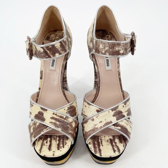 Miu Miu Beige Black Gold Teju Lizard Embossed Platform Sandals Heels IT 39.5 - Picture 6 of 14